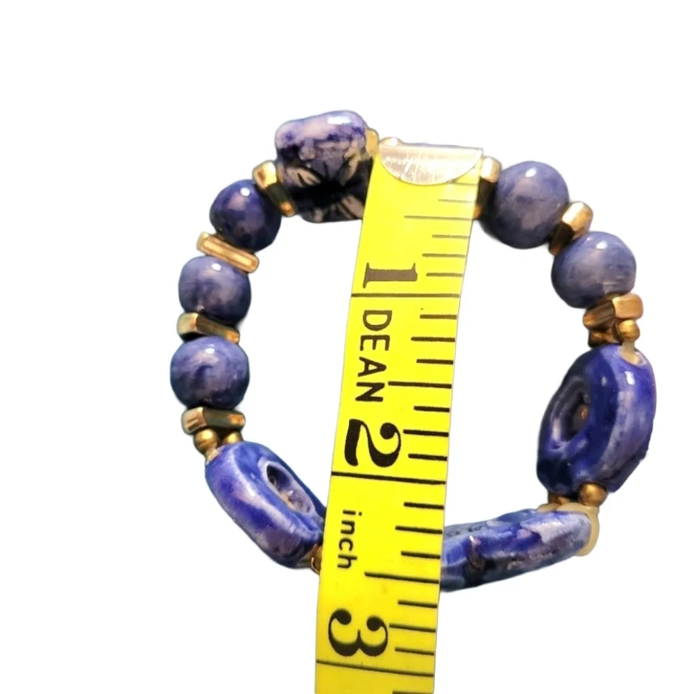 Hand Crafted Blue Ceramic And Gold Bead Heart Bracelet For Small Hands/Wrists